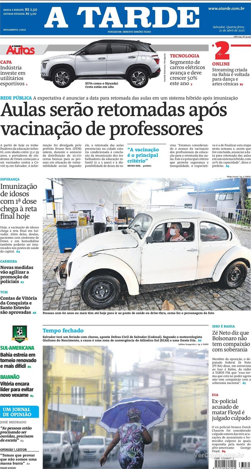 Capa do jornal A Tarde 21/04/2021