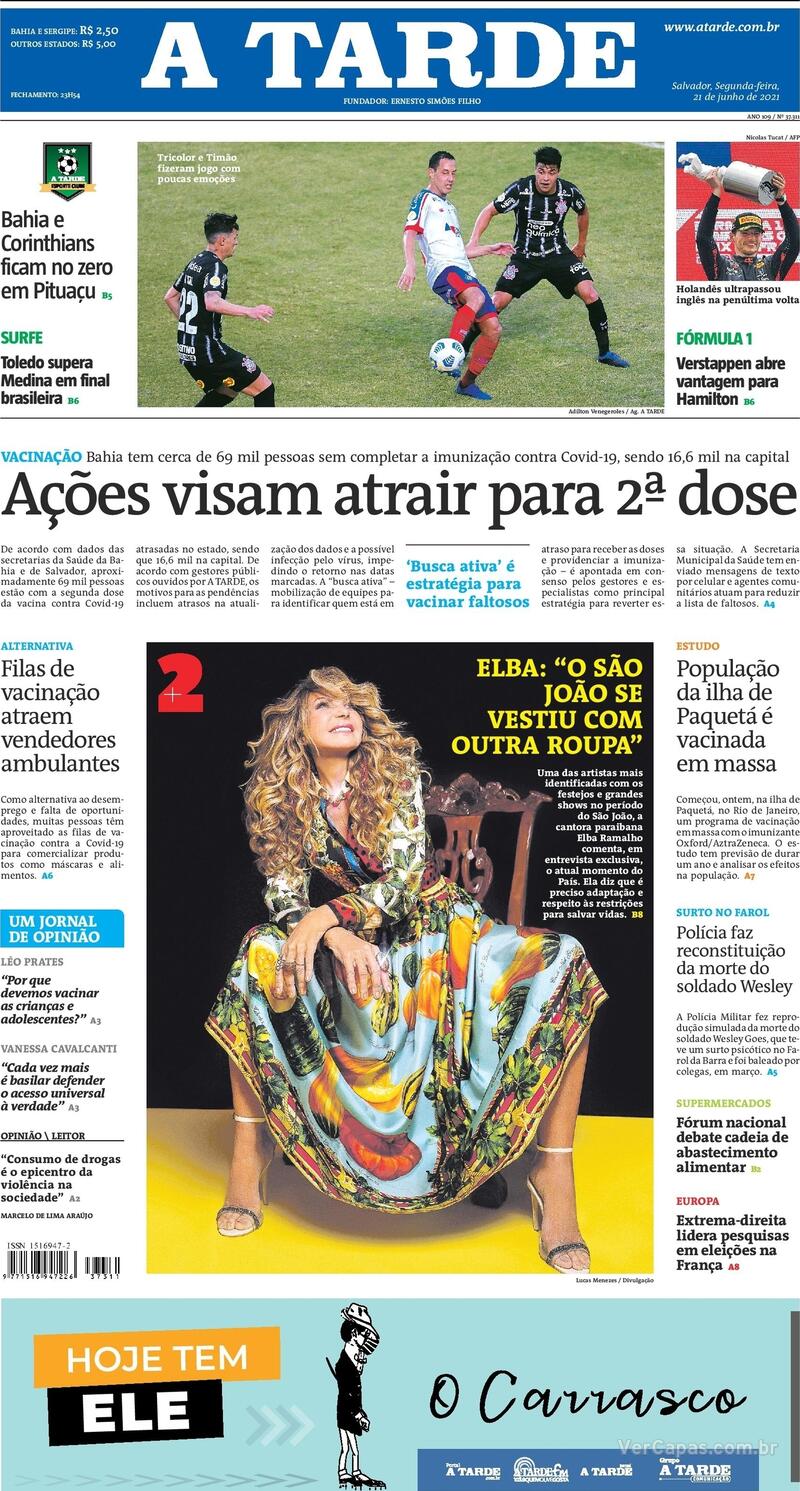 Capa do jornal A Tarde 21/06/2021