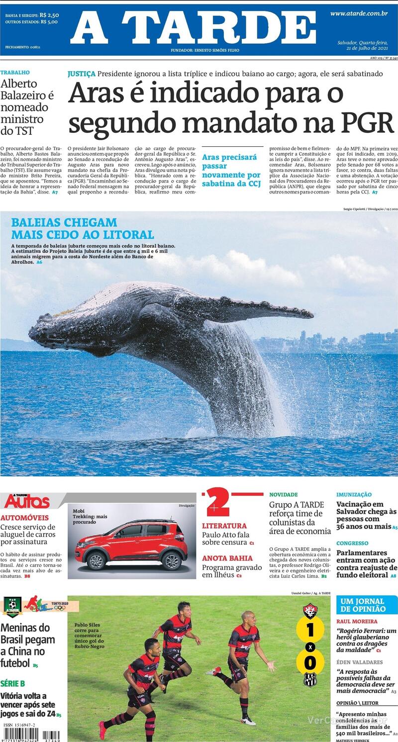 Capa do jornal A Tarde 21/07/2021