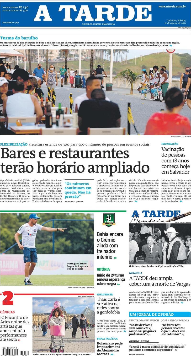 Capa do jornal A Tarde 21/08/2021