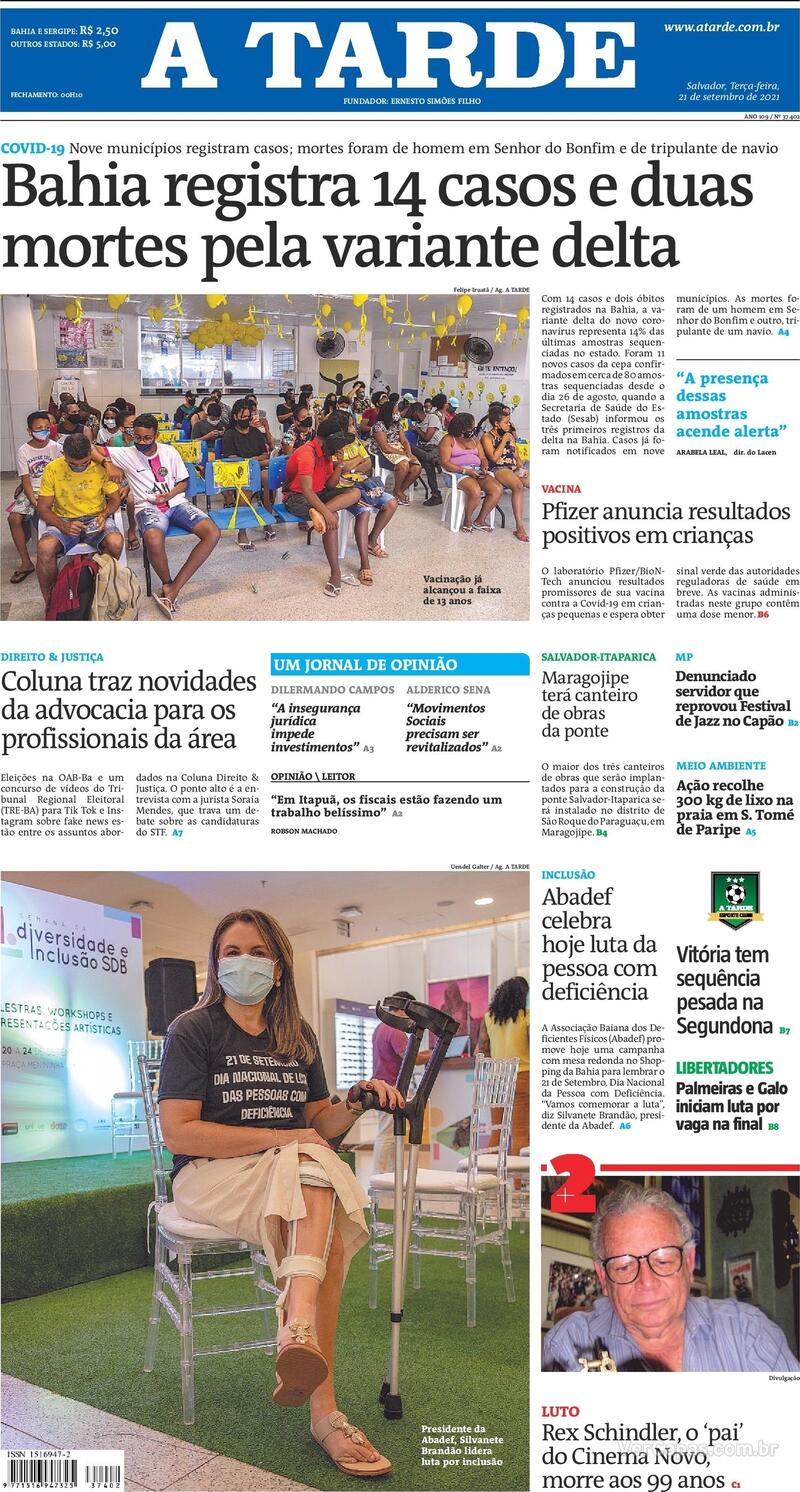 Capa do jornal A Tarde 21/09/2021