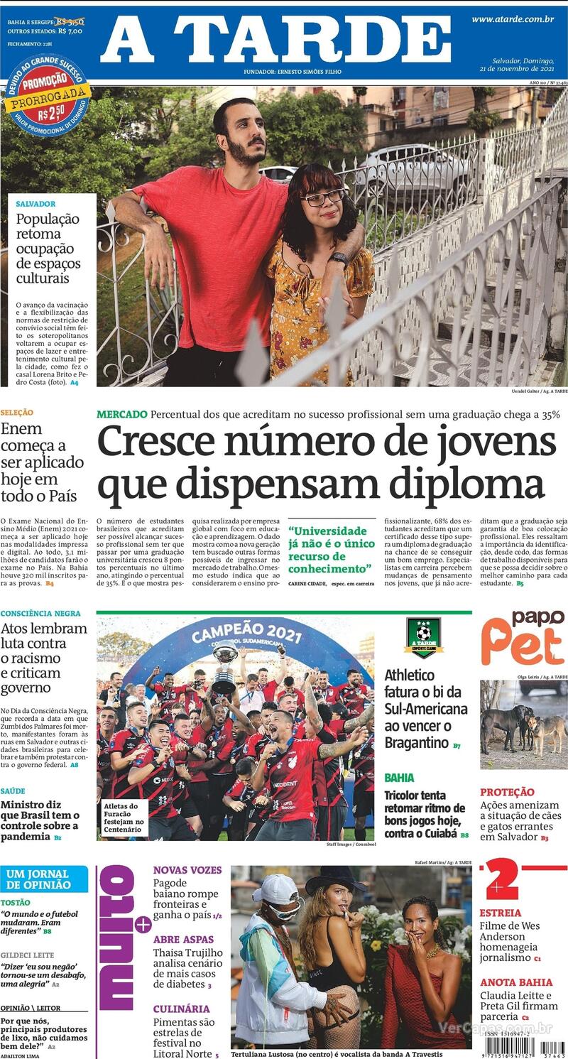 Capa do jornal A Tarde 21/11/2021