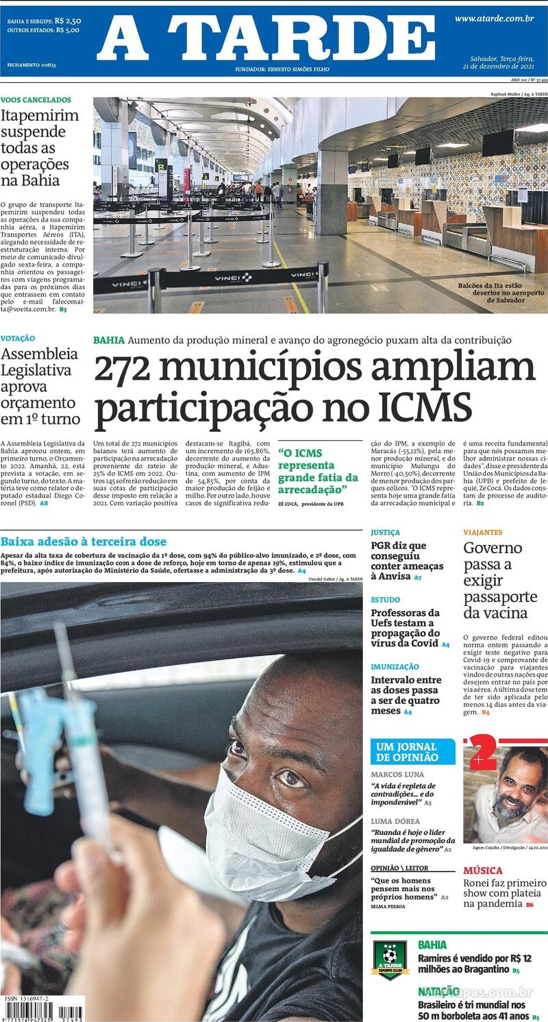 Capa do jornal A Tarde 21/12/2021