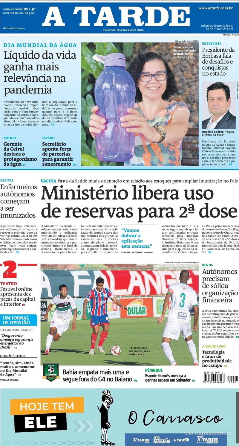 Capa do jornal A Tarde 22/03/2021