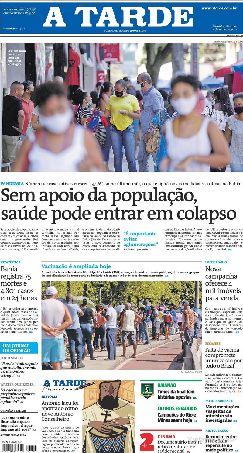 Capa do jornal A Tarde 22/05/2021