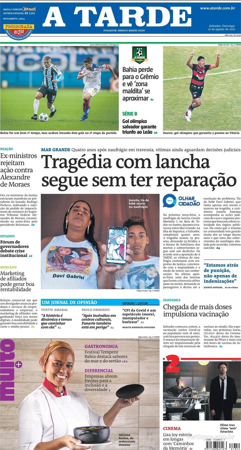 Capa do jornal A Tarde 22/08/2021