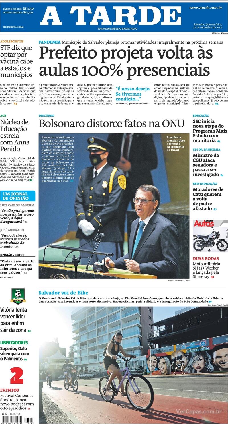 Capa do jornal A Tarde 22/09/2021
