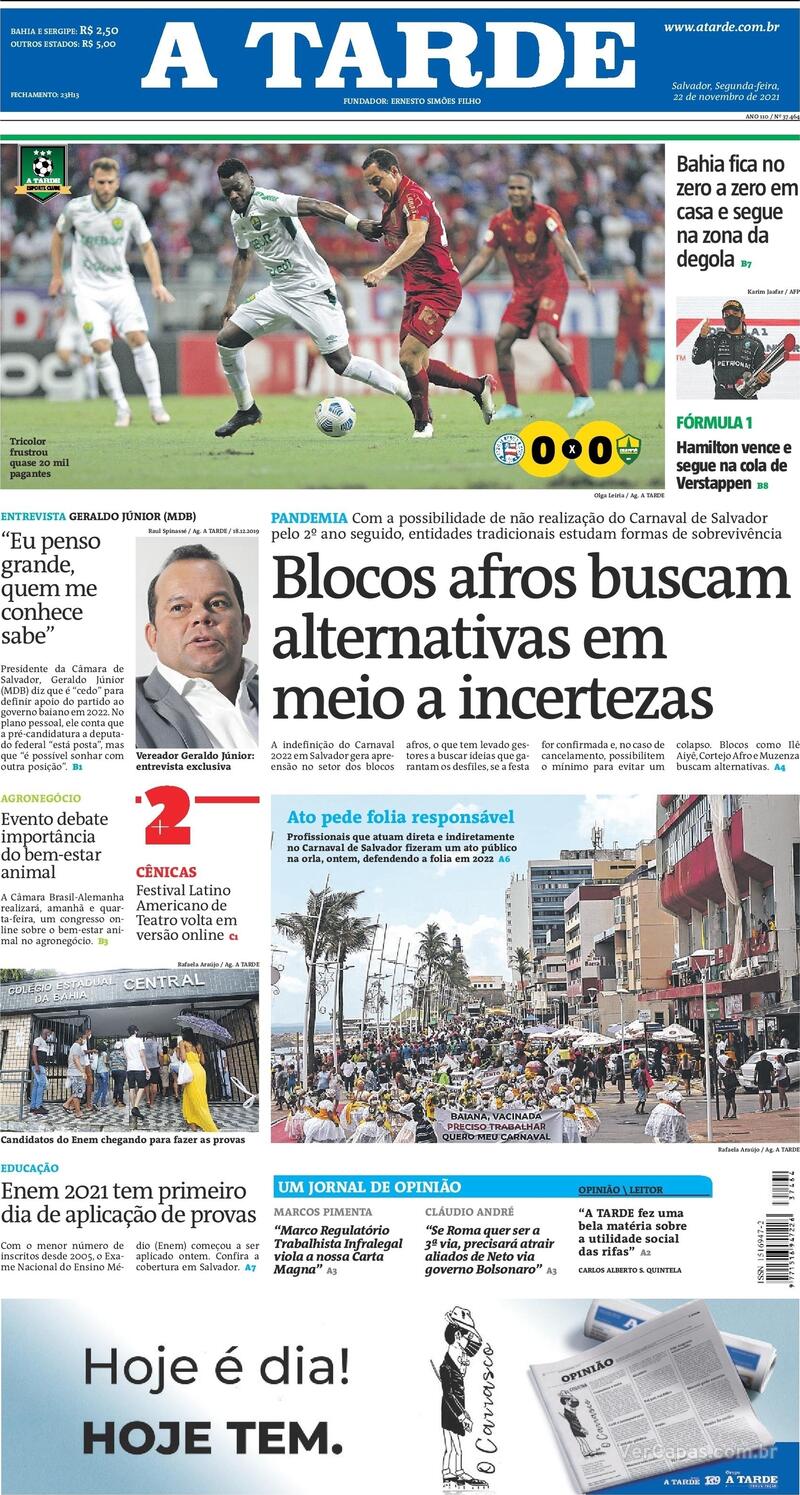 Capa do jornal A Tarde 22/11/2021