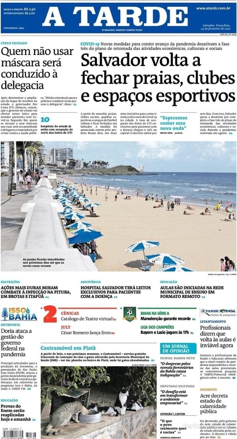 Capa do jornal A Tarde 23/02/2021