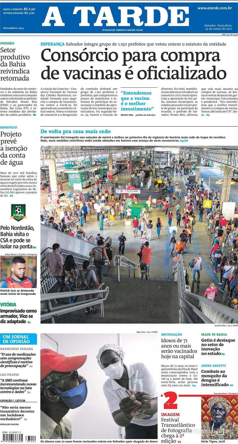 Capa do jornal A Tarde 23/03/2021