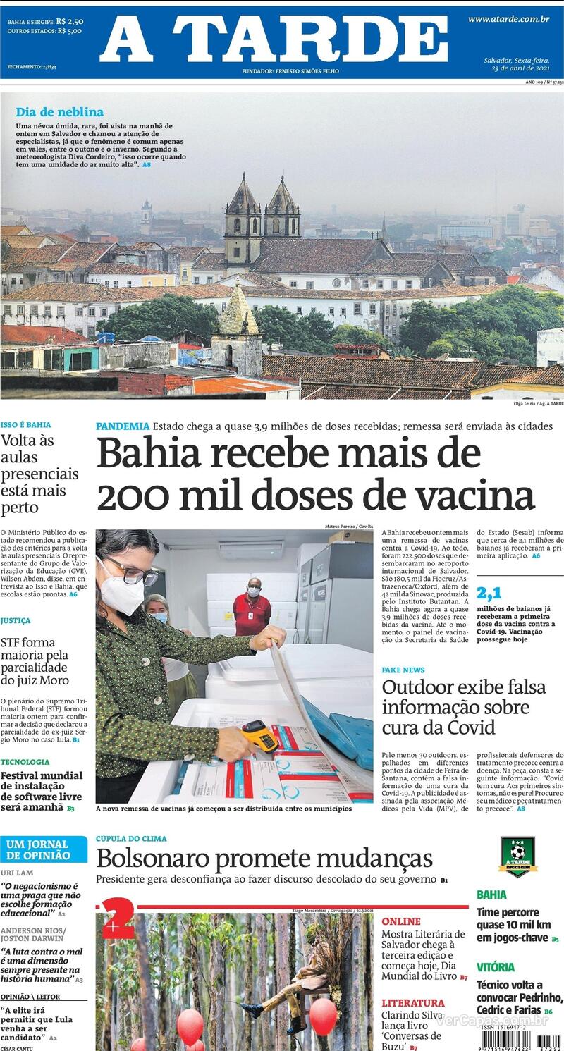 Capa do jornal A Tarde 23/04/2021
