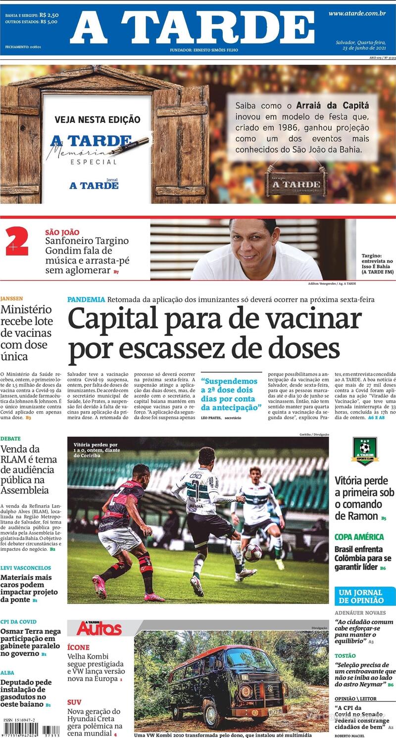 Capa do jornal A Tarde 23/06/2021
