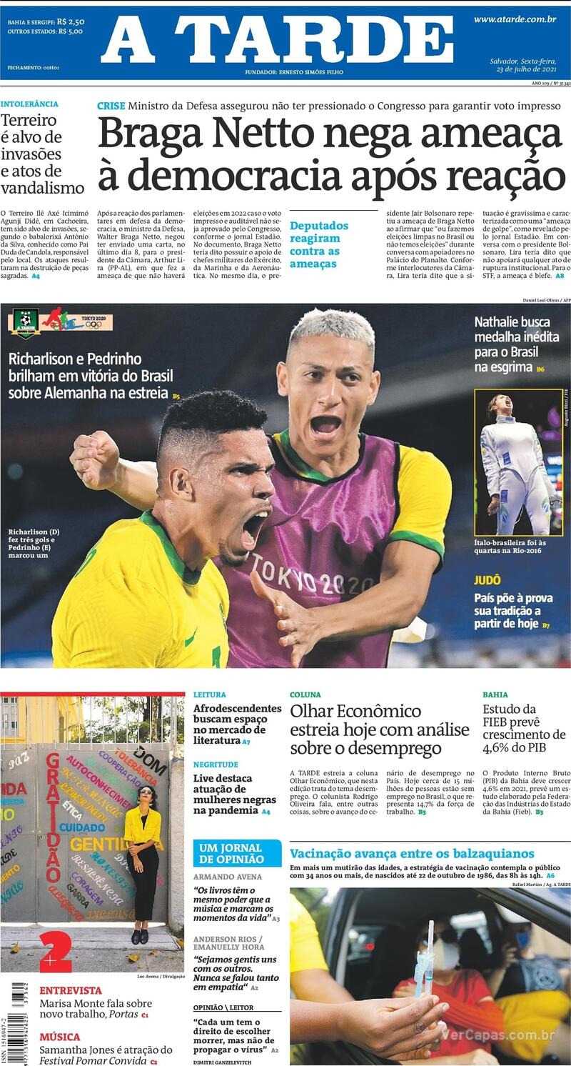 Capa do jornal A Tarde 23/07/2021
