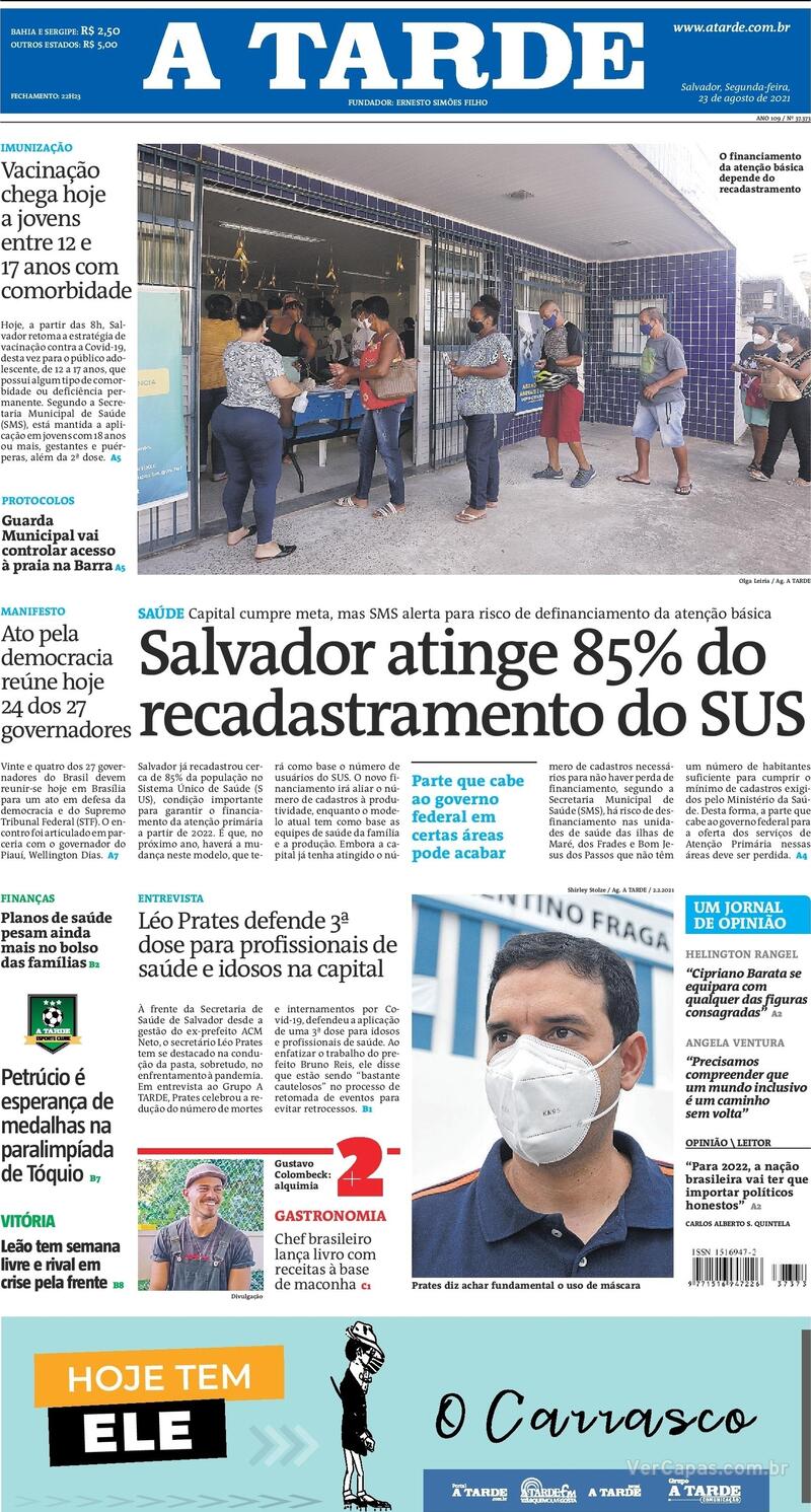 Capa do jornal A Tarde 23/08/2021