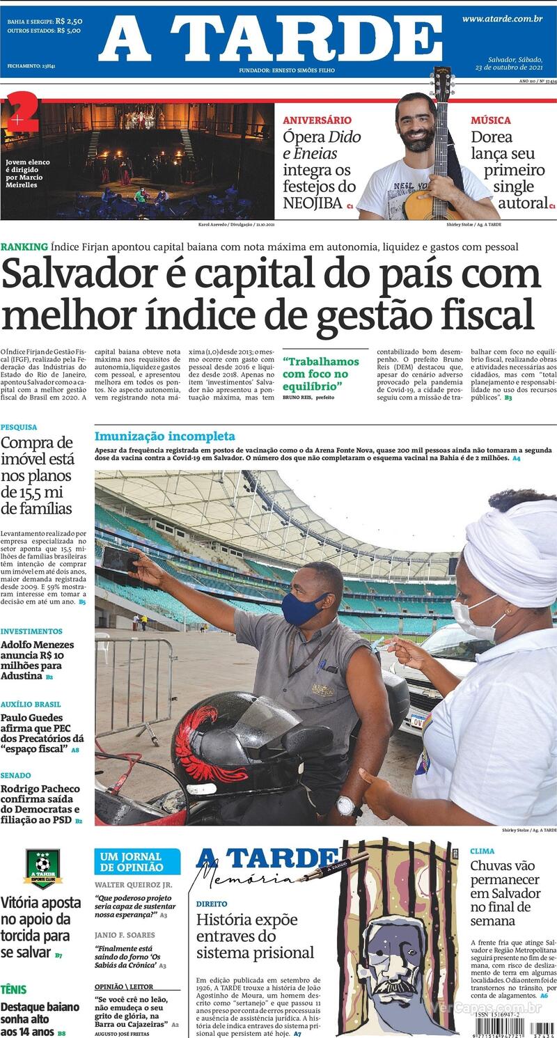 Capa do jornal A Tarde 23/10/2021