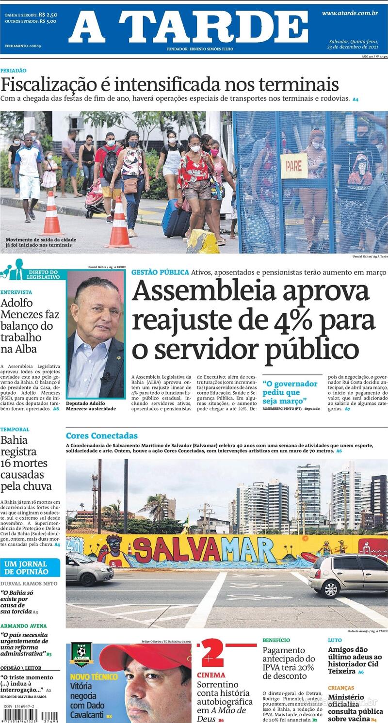 Capa do jornal A Tarde 23/12/2021