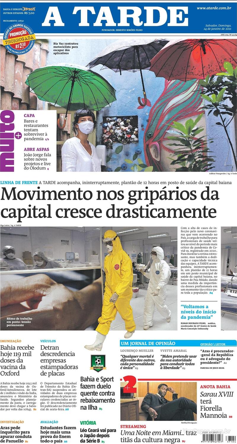 Capa do jornal A Tarde 24/01/2021