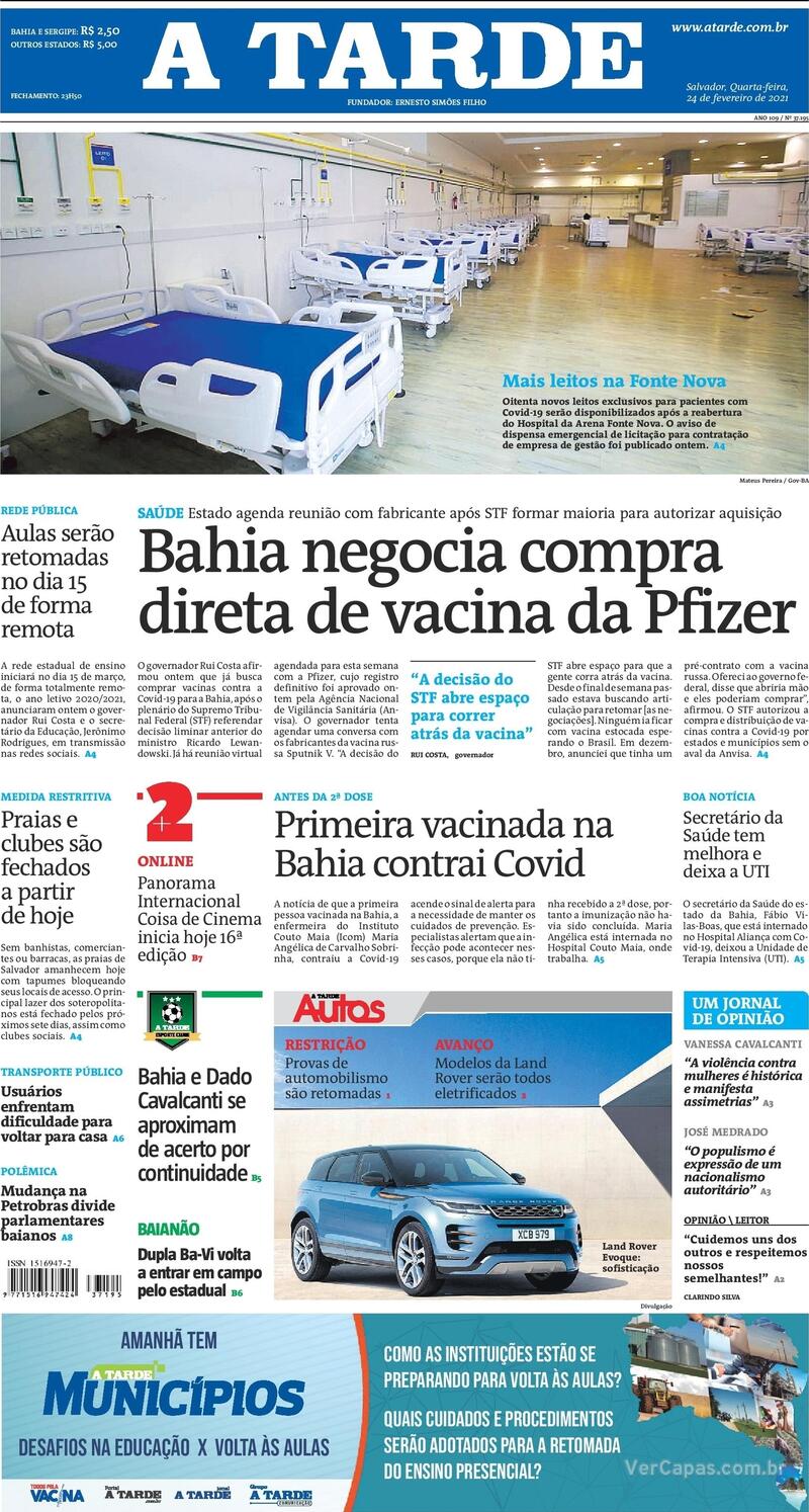 Capa do jornal A Tarde 24/02/2021