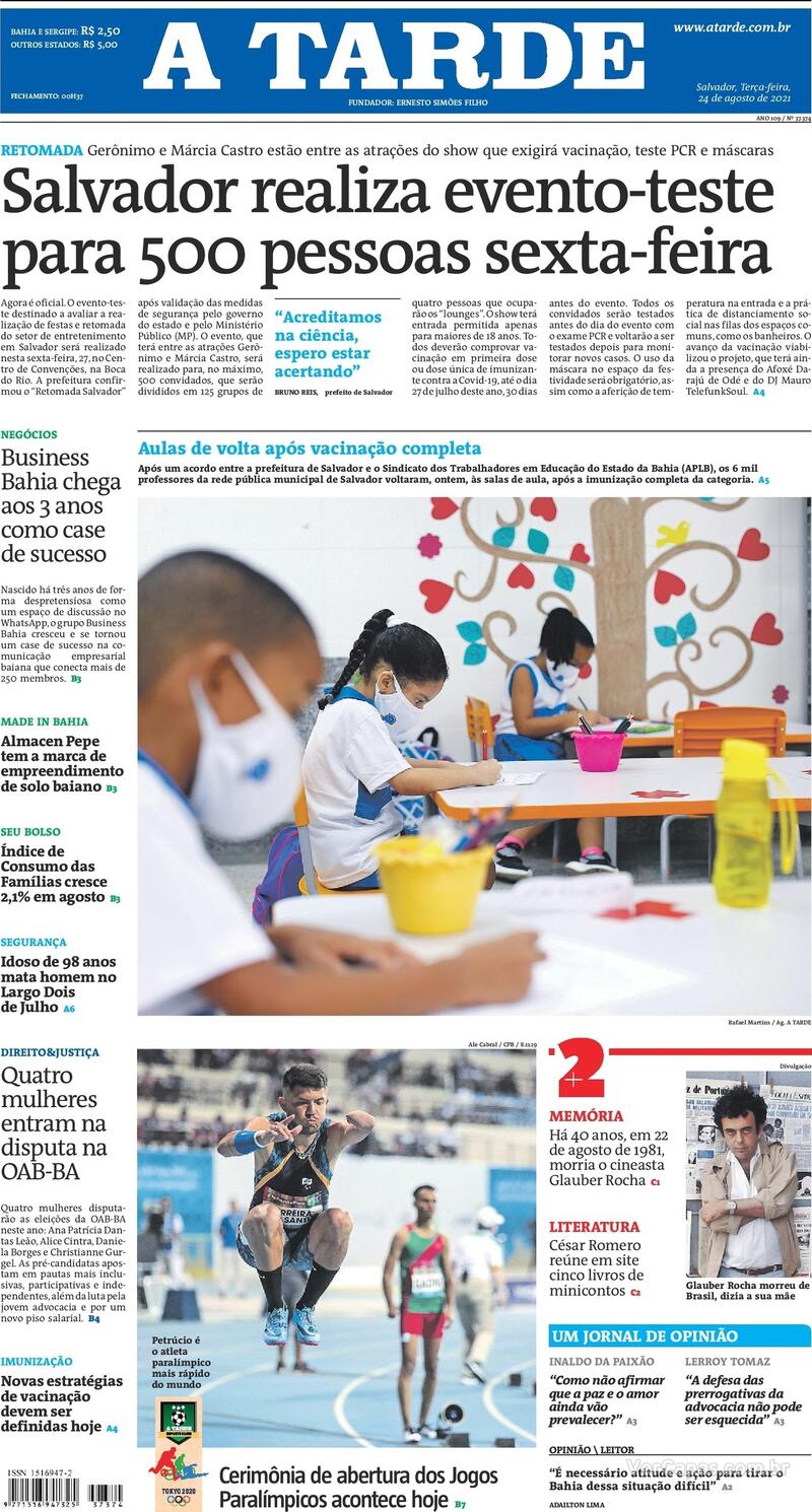 Capa do jornal A Tarde 24/08/2021