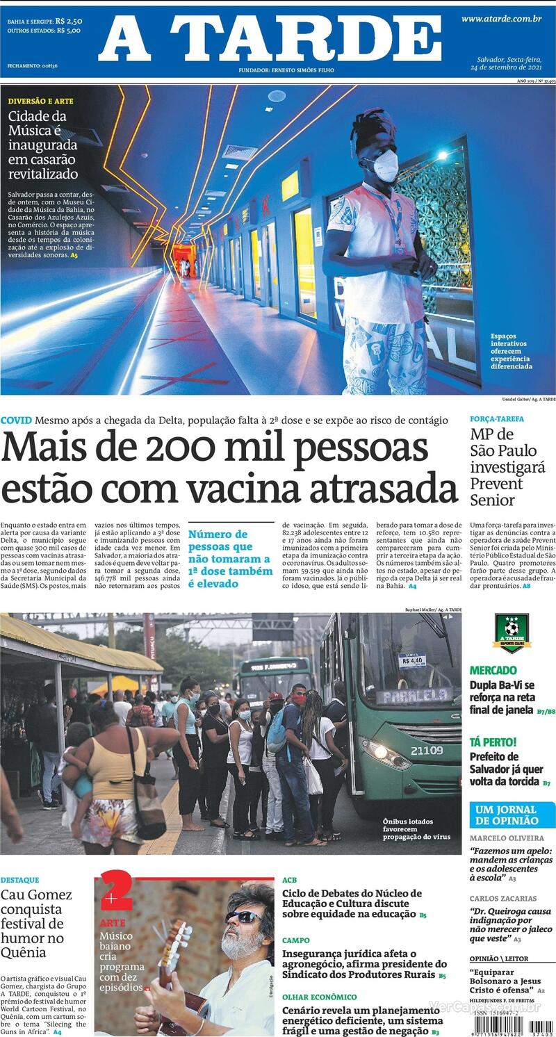 Capa do jornal A Tarde 24/09/2021