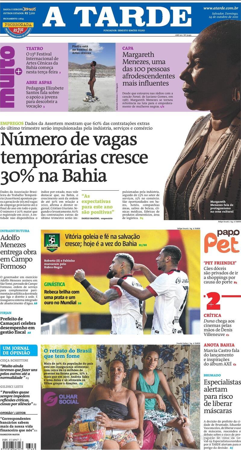 Capa do jornal A Tarde 24/10/2021