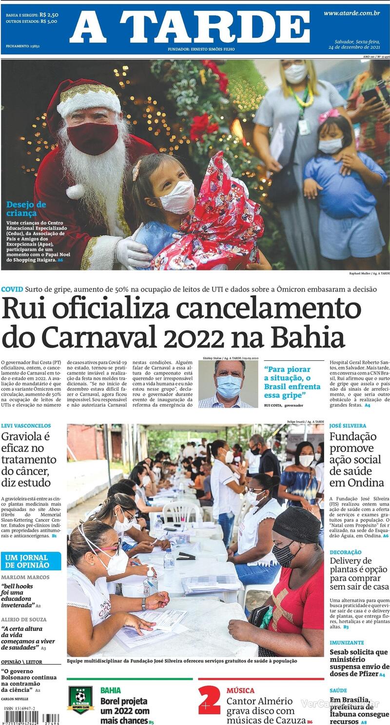 Capa do jornal A Tarde 24/12/2021