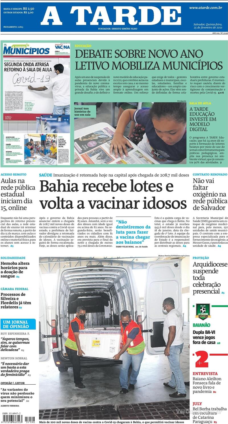 Capa do jornal A Tarde 25/02/2021