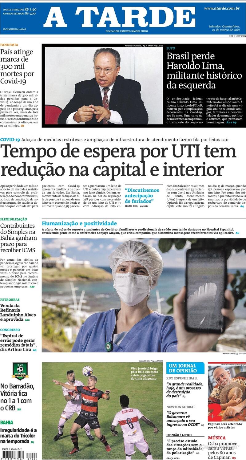 Capa do jornal A Tarde 25/03/2021