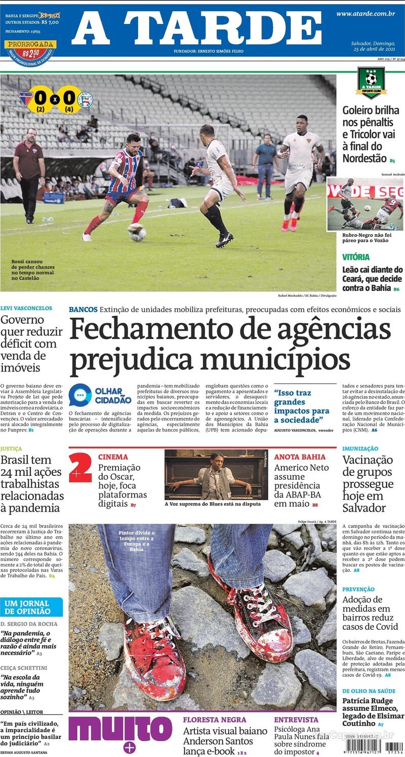 Capa do jornal A Tarde 25/04/2021