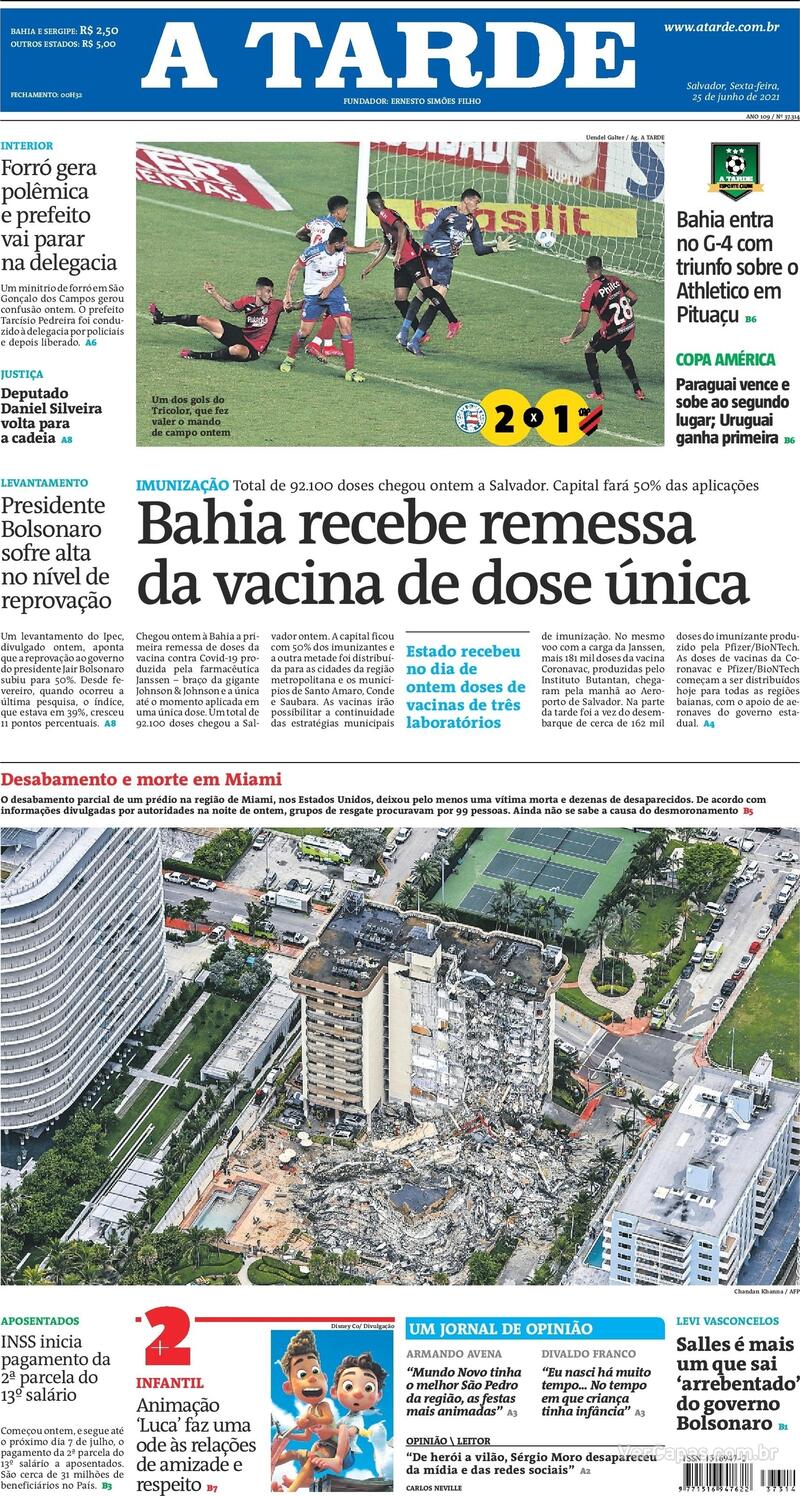 Capa do jornal A Tarde 25/06/2021