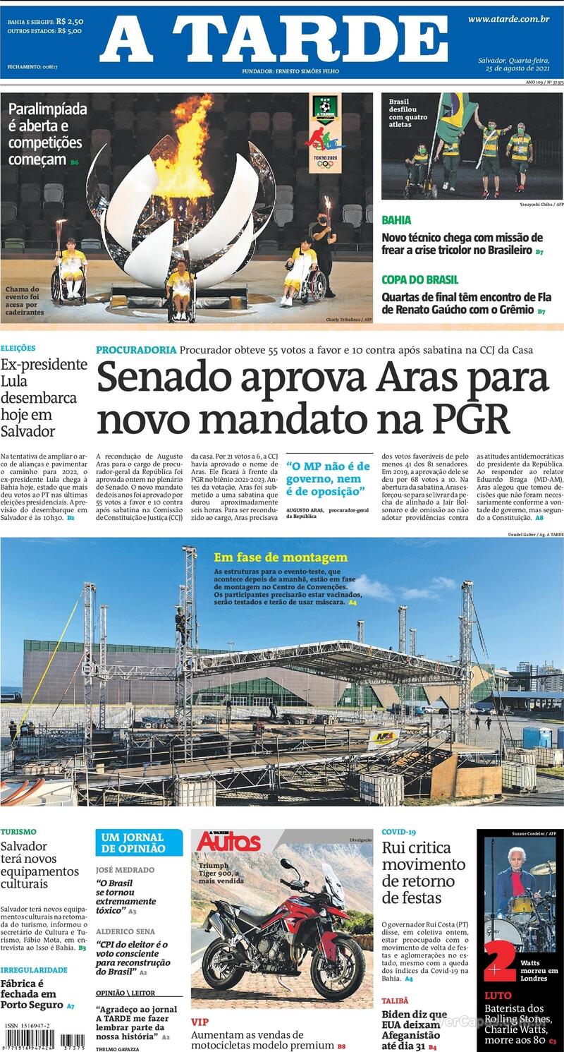 Capa do jornal A Tarde 25/08/2021