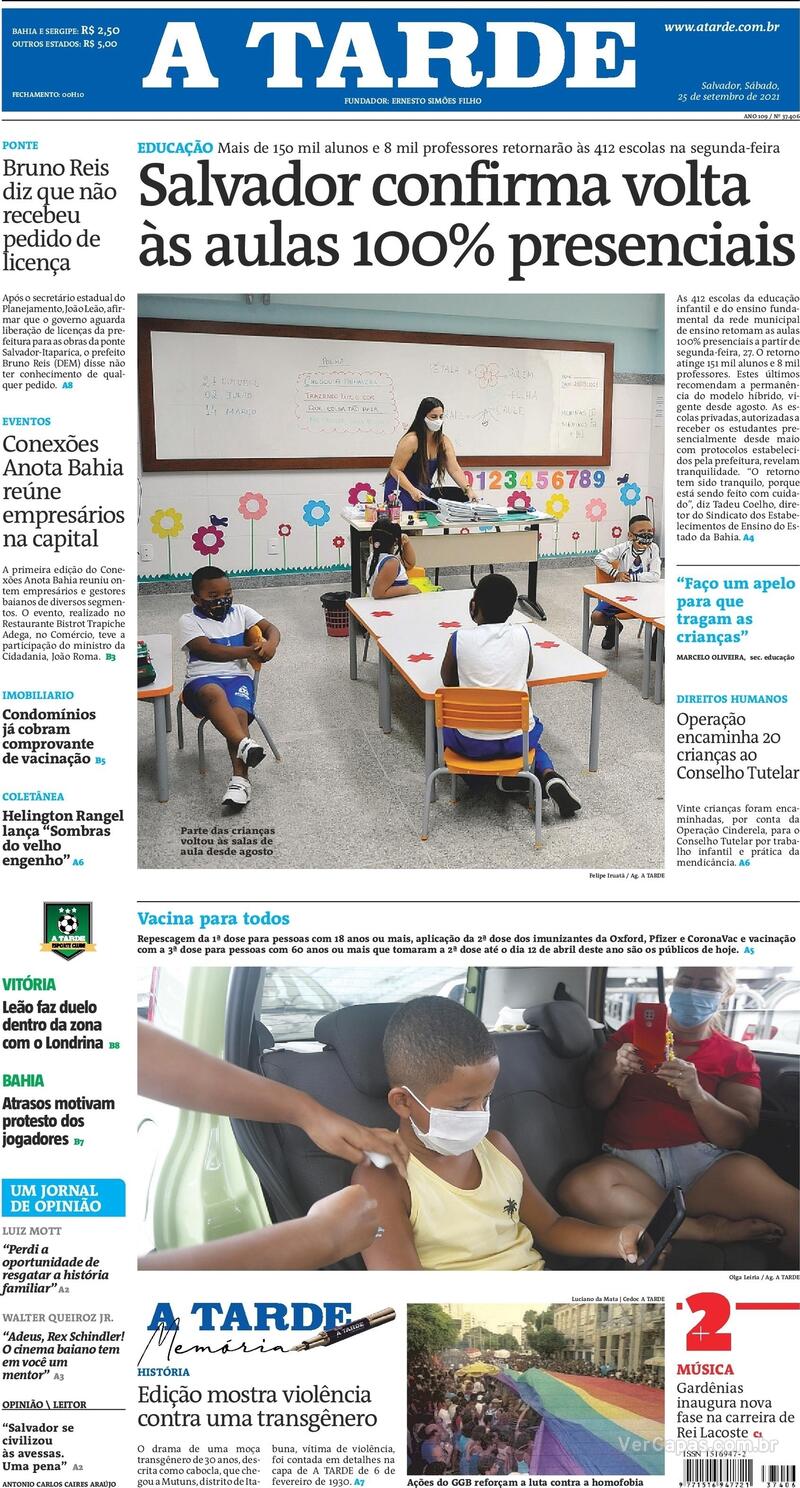 Capa do jornal A Tarde 25/09/2021