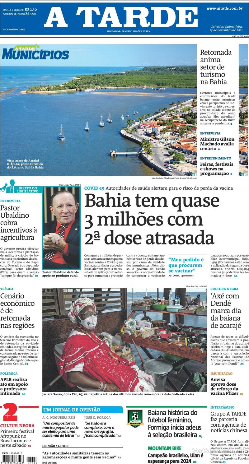 Capa do jornal A Tarde 25/11/2021