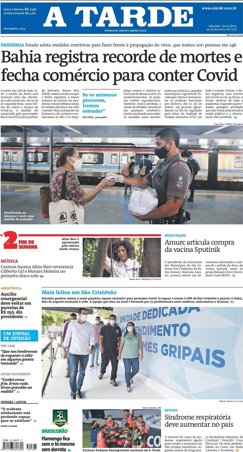 Capa do jornal A Tarde 26/02/2021