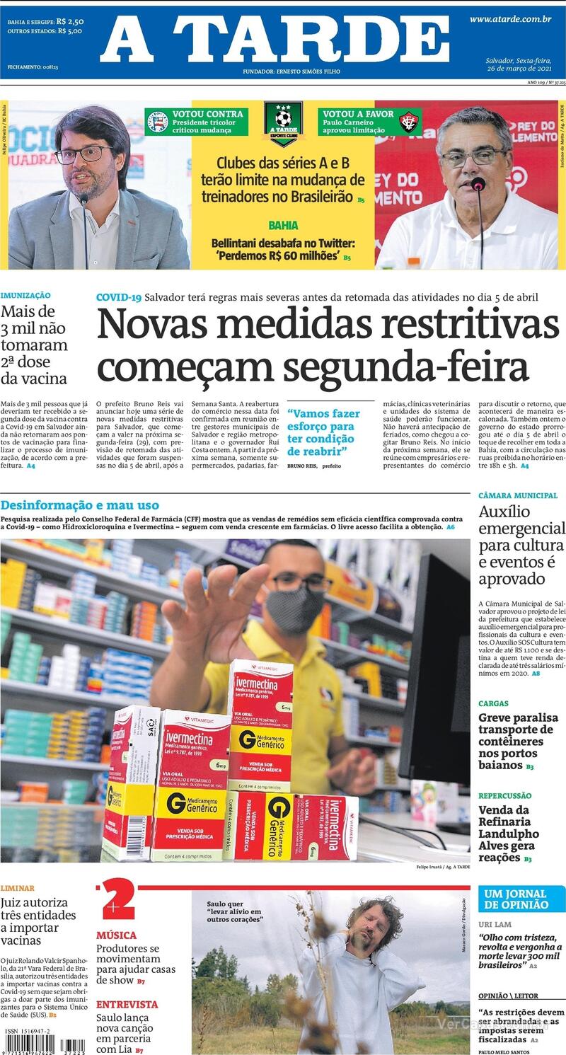 Capa do jornal A Tarde 26/03/2021