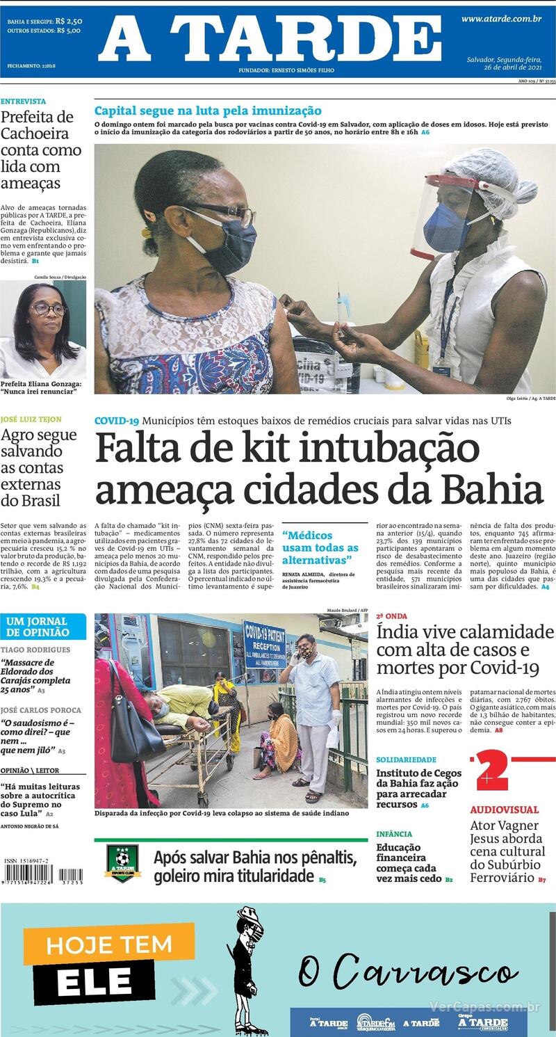 Capa do jornal A Tarde 26/04/2021