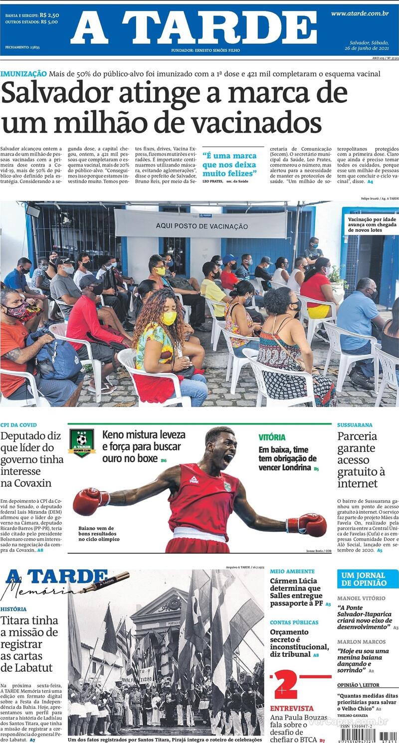 Capa do jornal A Tarde 26/06/2021
