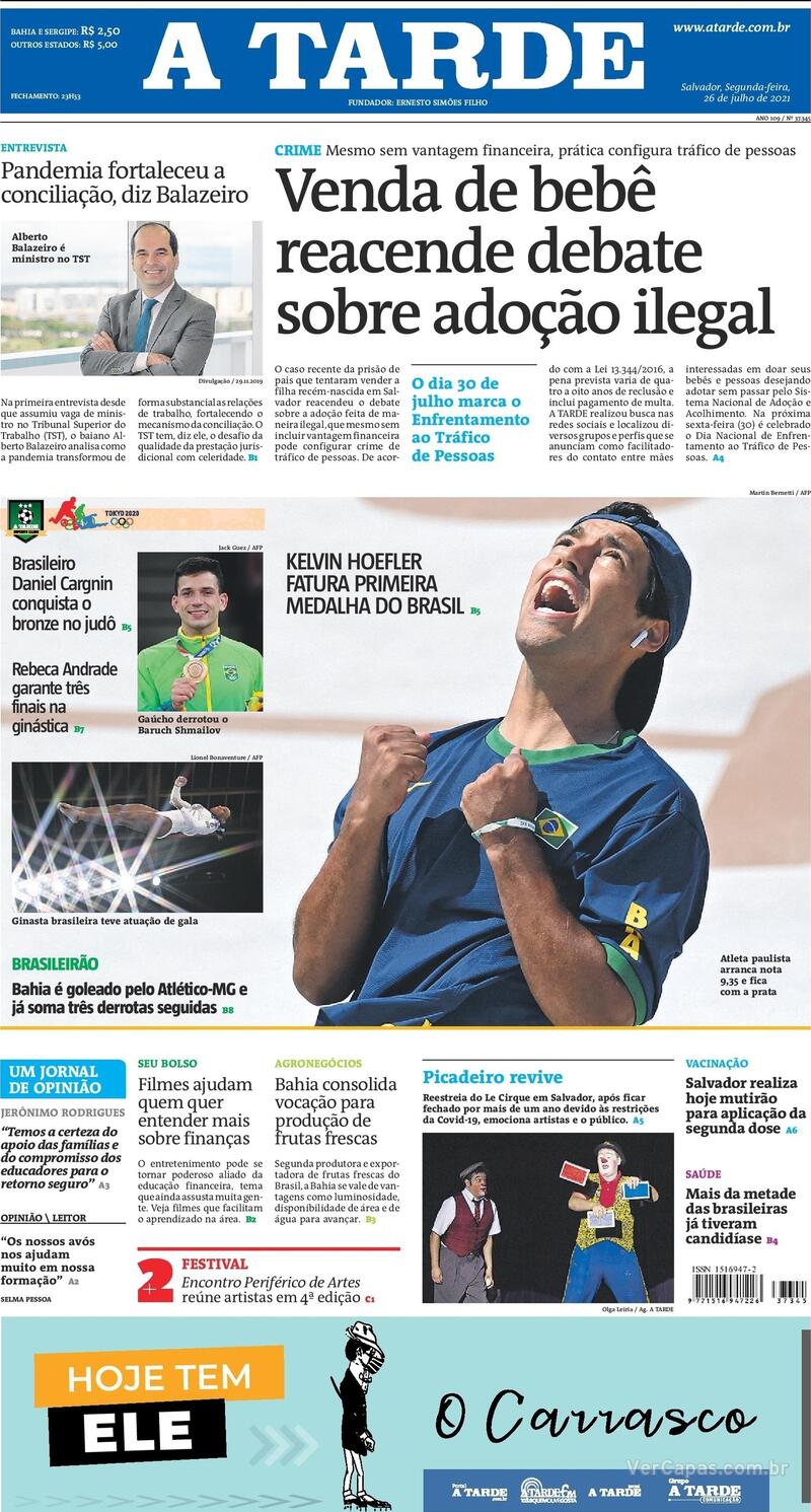 Capa do jornal A Tarde 26/07/2021