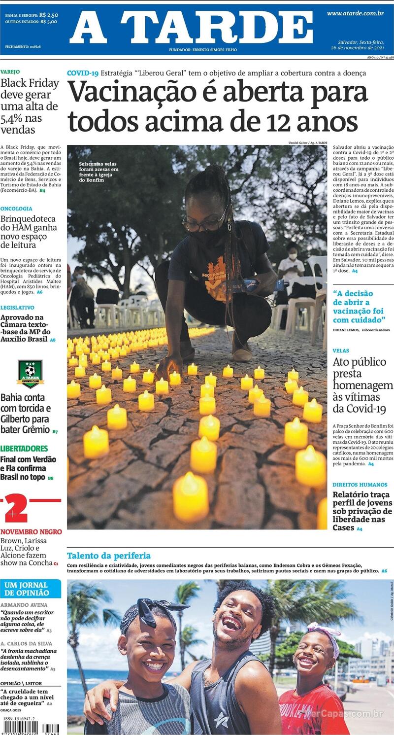 Capa do jornal A Tarde 26/11/2021