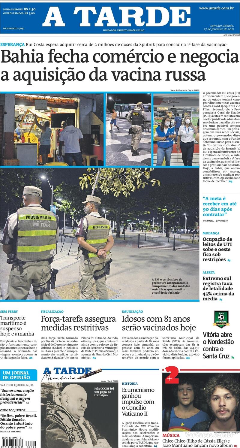 Capa do jornal A Tarde 27/02/2021