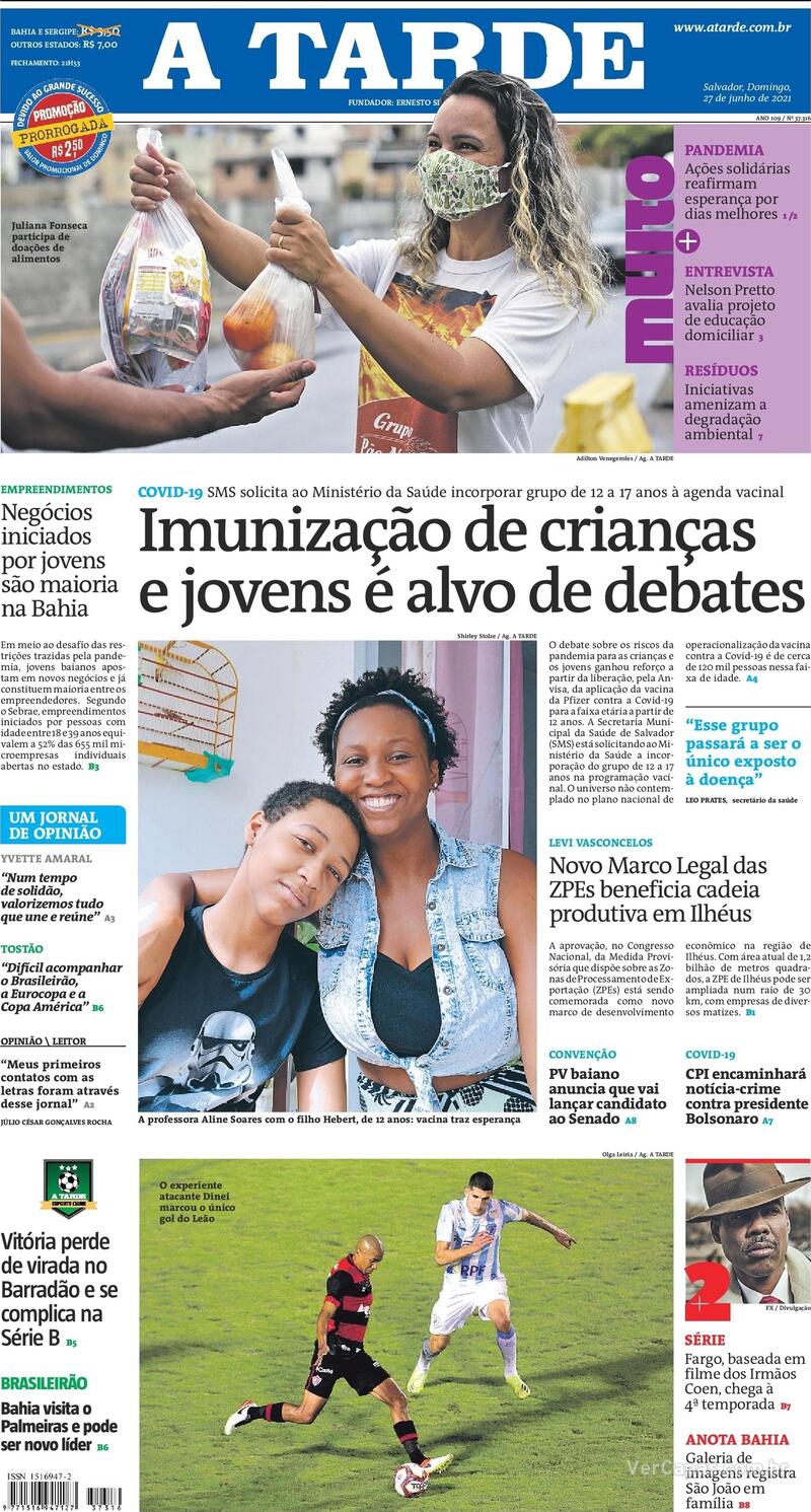Capa do jornal A Tarde 27/06/2021