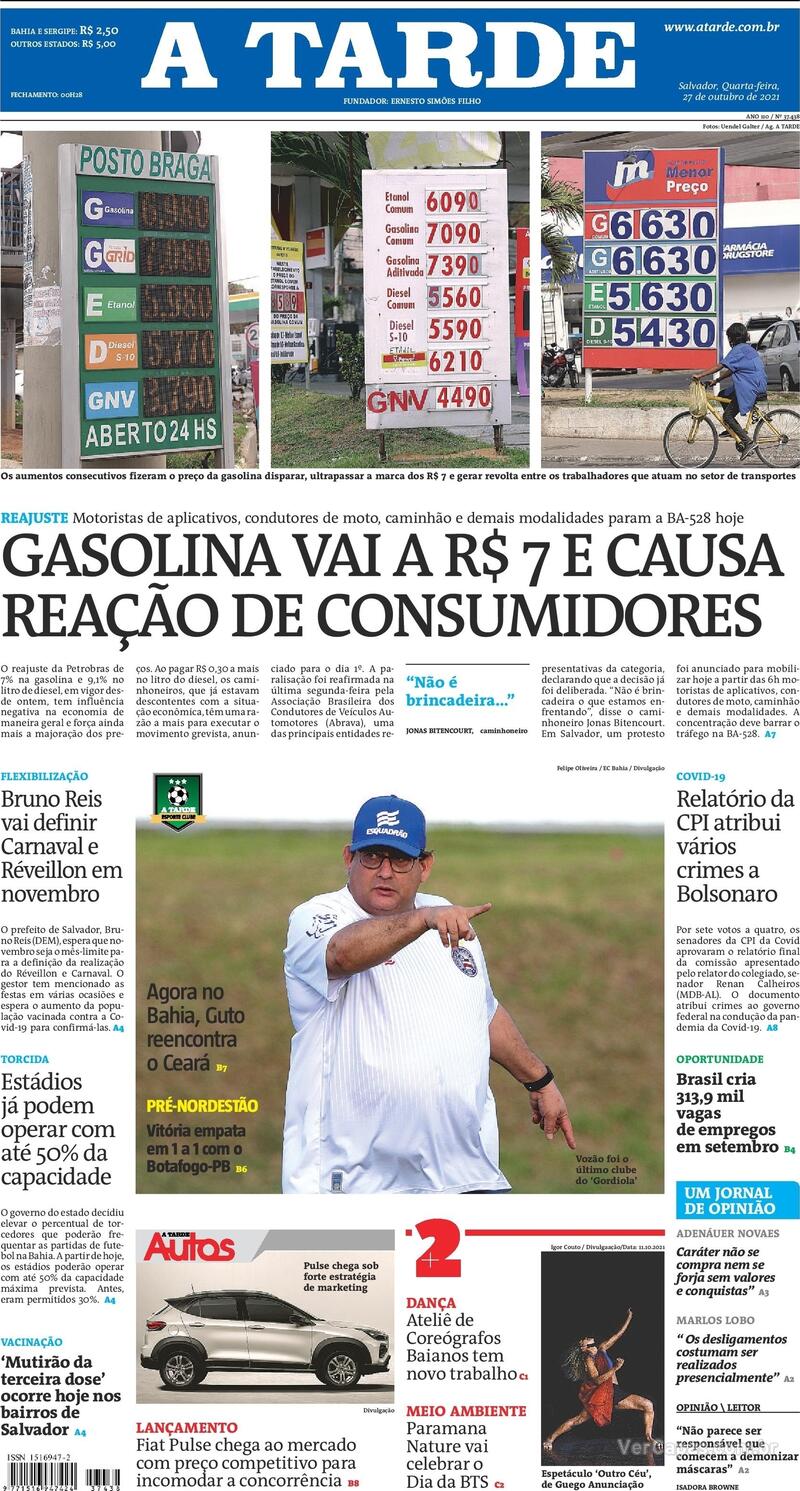 Capa do jornal A Tarde 27/10/2021