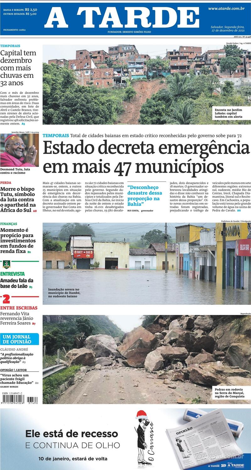 Capa do jornal A Tarde 27/12/2021