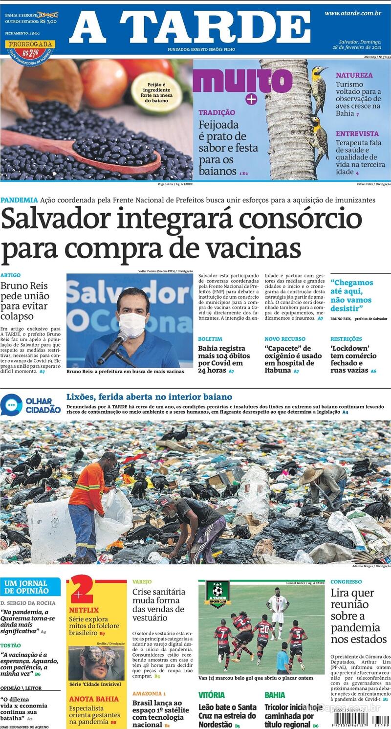 Capa do jornal A Tarde 28/02/2021