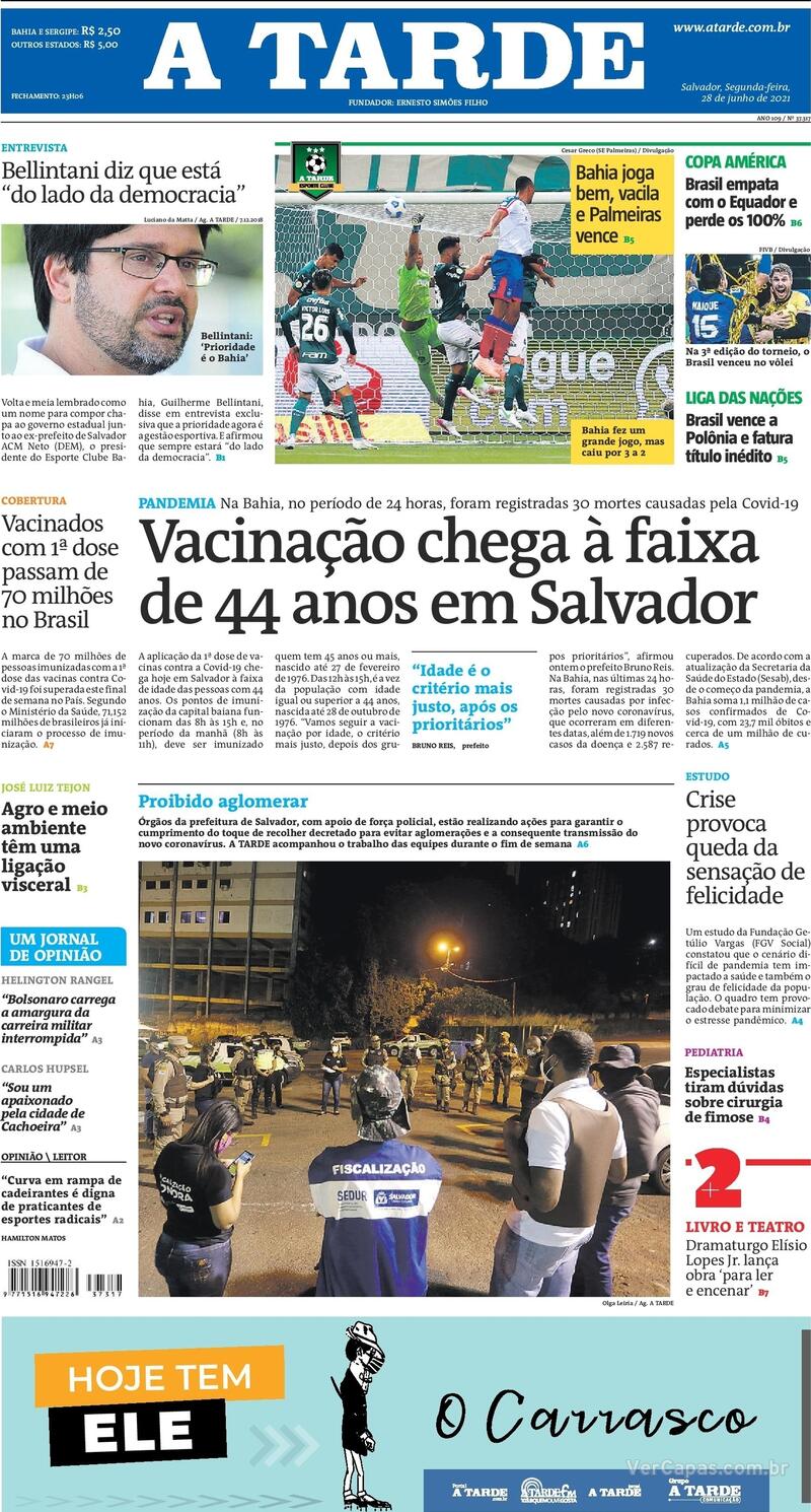 Capa do jornal A Tarde 28/06/2021
