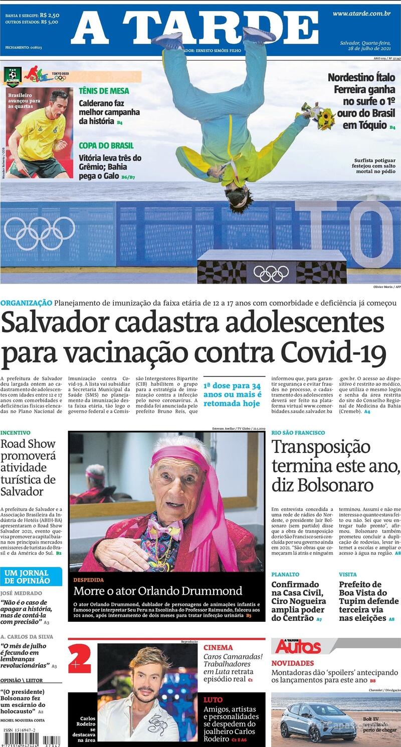 Capa do jornal A Tarde 28/07/2021