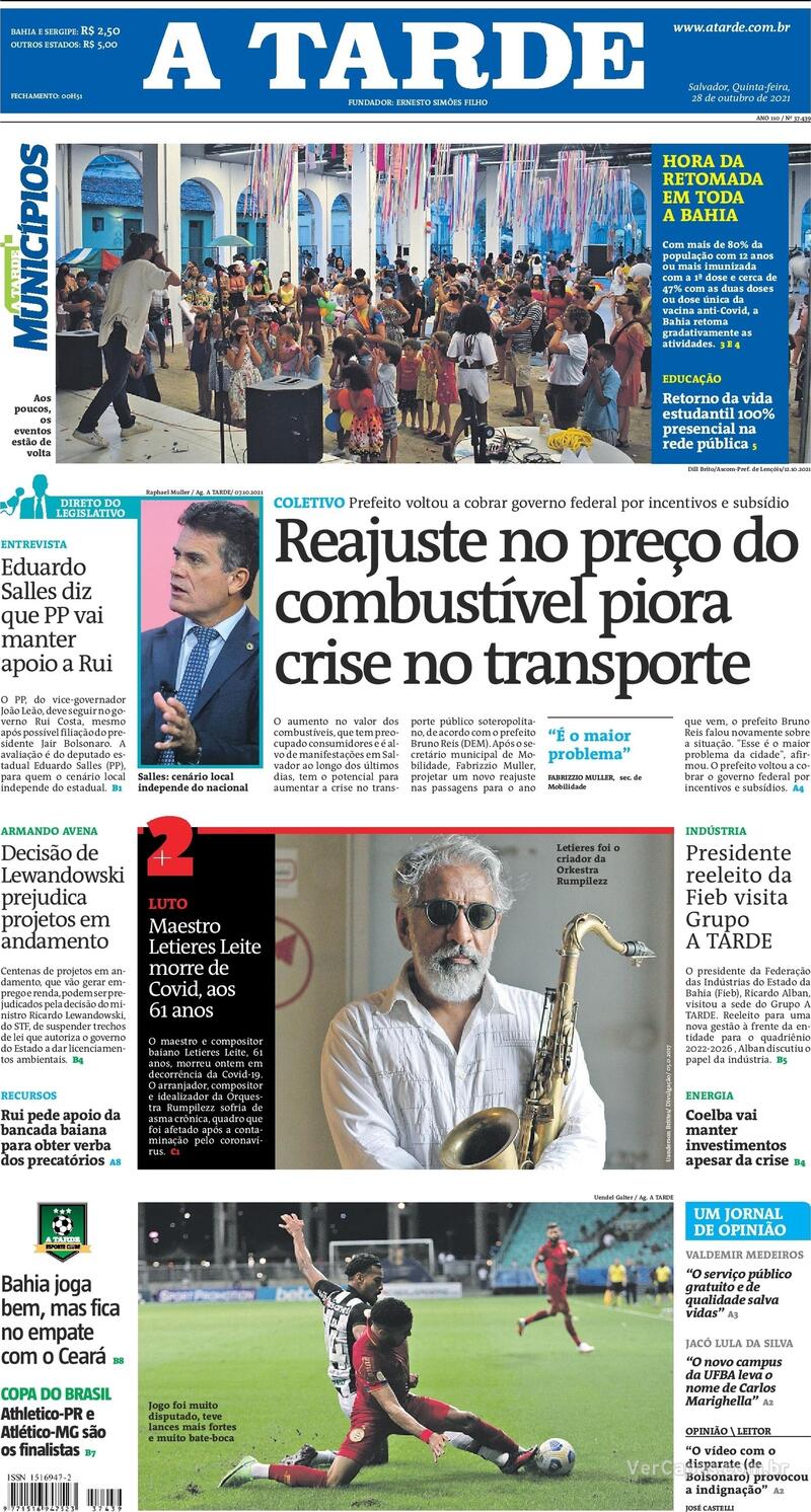 Capa do jornal A Tarde 28/10/2021
