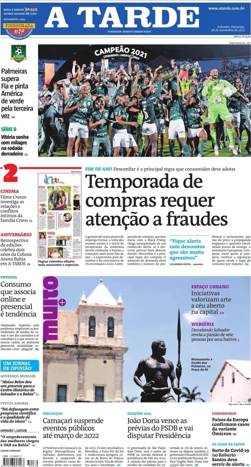 Capa do jornal A Tarde 28/11/2021