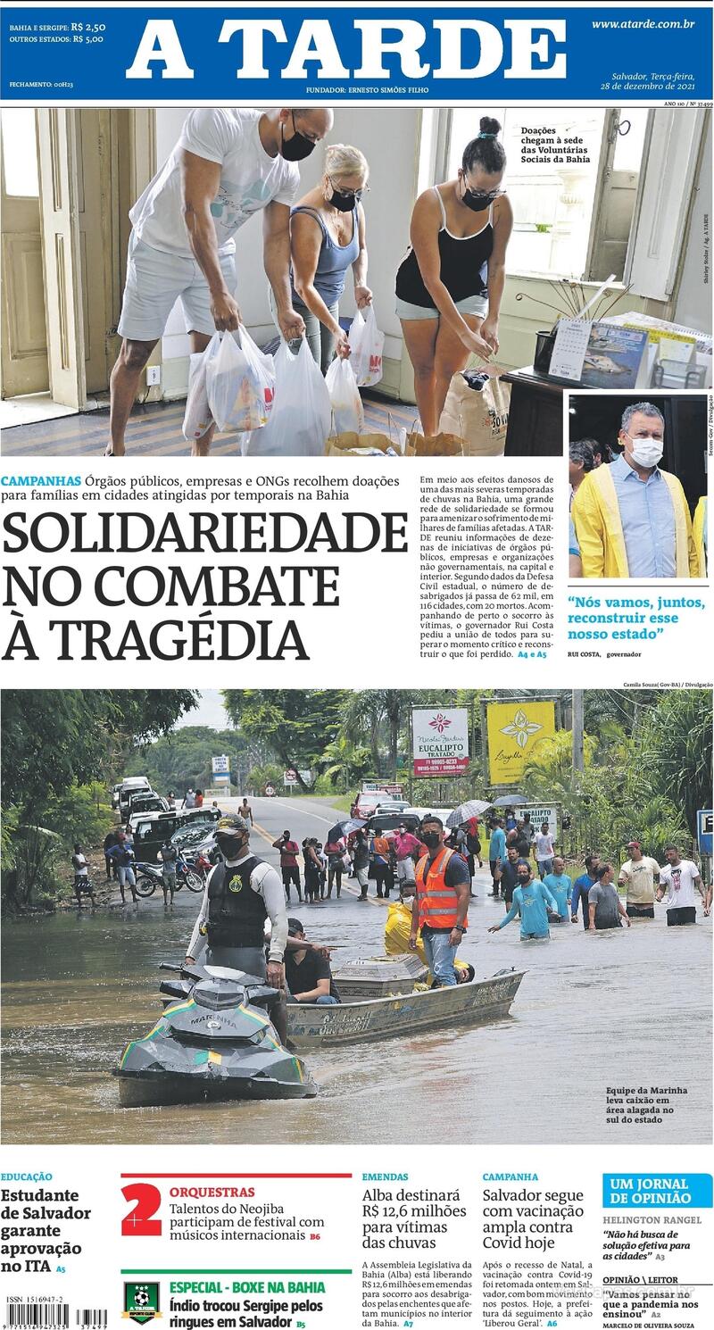 Capa do jornal A Tarde 28/12/2021