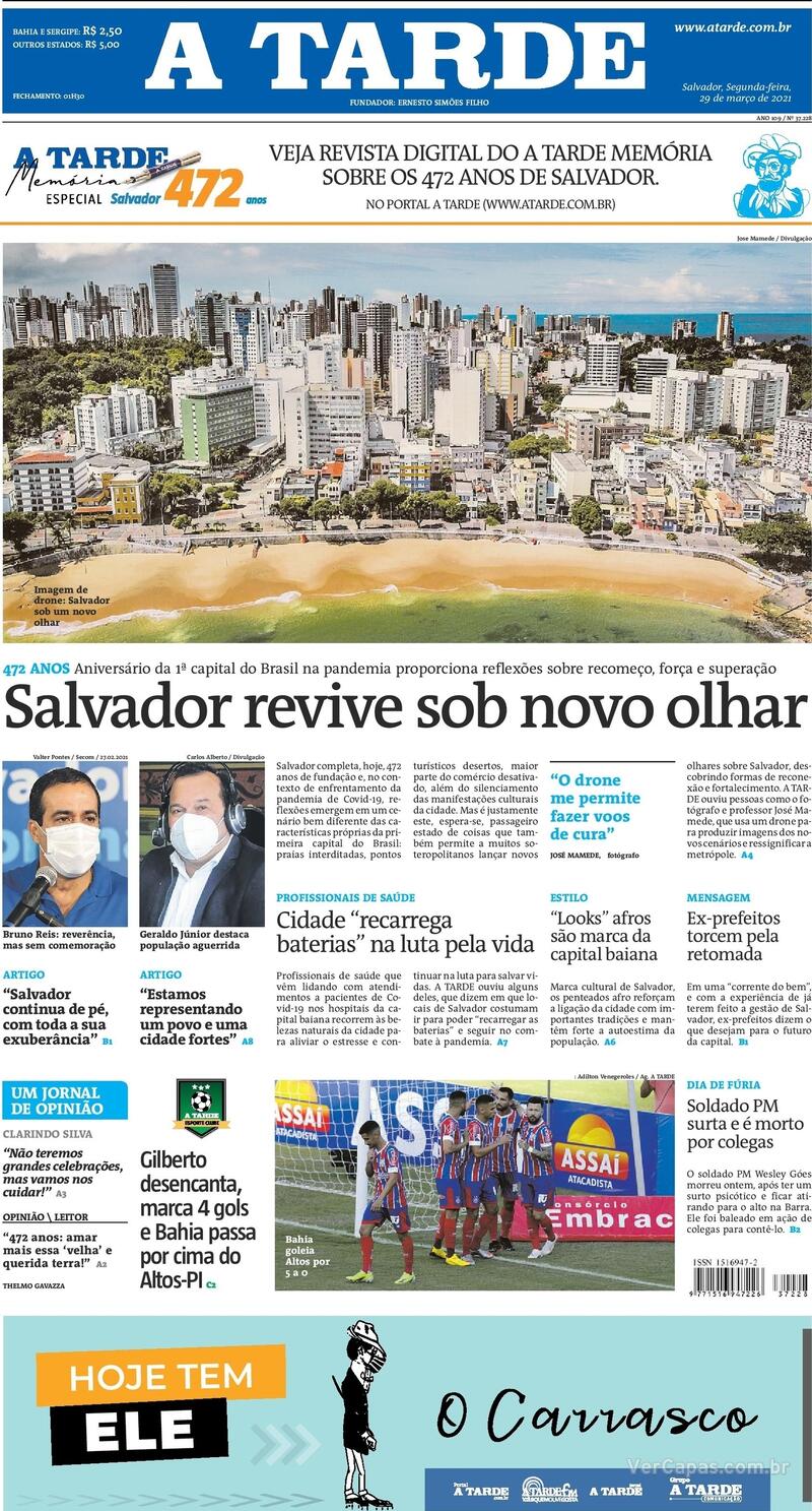 Capa do jornal A Tarde 29/03/2021